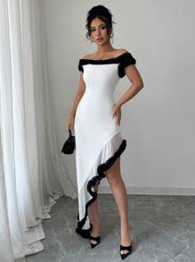 Elenzga Women's Elegant Fitted Off Shoulder Ruffle Hem Asymmetrical High Slit Long Dress, Suitable For Party And Vacation, Summer