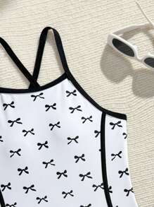 Girls Bowknot Printed 1-Piece Swimsuit & Trunks Set, Sweet & Fashionable On White Background - White - View 5