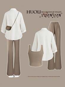 SHEIN MOOSTA Plus Size Casual 3 Pieces Set: Shirt + Fitted Tank Top + Versatile Casual Pants