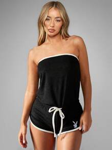 Missguided x Playboy Terry Cloth Bandeau Romper Summer Beach Cover Up Resort Wear French Terry Loungewear Pool Side Vacation Leisure Wear - Black - View 5