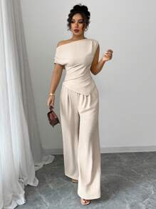 Elenzga Women's Vacation Elegant One Shoulder Sleeveless Asymmetrical Hem Slim Fitted Blouse And Loose Straight Leg Pants 2 Pieces Set, Spring/Summer