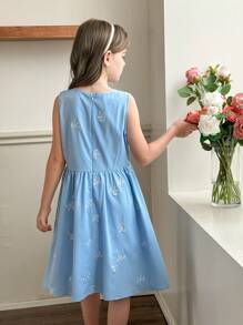 Tween Mädchen Schleife Dekor Rundhals ärmelloses Lässig Kleid