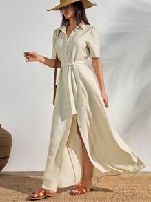 SHEIN Tall 休闲风格，亚麻外观，系腰带长衬衫裙，适合端庄 - 米色 - 查看 4