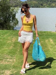 SHEIN EZwear Yellow Knitted Women's Halter Neck Tank Top, Fashionable For Summer - Yellow - View 3