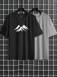Manfinity Homme 2pcs Men's Mountain Print Round Neck Short Sleeve Casual T-Shirt, Summer