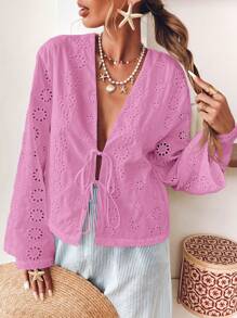 SHEIN VCAY Große Größen Lässige unifarbene Loose Fit Bluse aus Gewebe mit Langarm und Schleife Vorne für Frauen - Pink - Übersicht 5