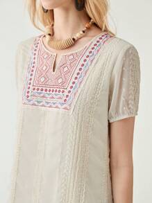 Florisole Women's Bohemian Embroidery Notched Neck Short Sleeve Casual Holiday Dress, Spring/Summer