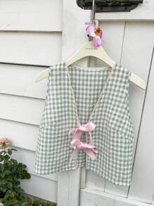 Comfortcana Summer Green Check Tie Front Bow Sleeveless Shirt - Green - View 3