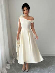 Selianne Floral Asymmetrical Neck Elegant Long Dress With Ribbon Detail For Women - Apricot - View 6