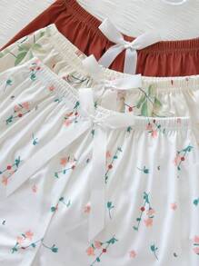 SHEIN Bộ đồ ngủ 3 mảnh in hoa nơ màu tương phản dành cho nữ, quần đùi ngủ dễ thương và lãng mạn - Nhiều màu - Xem 3
