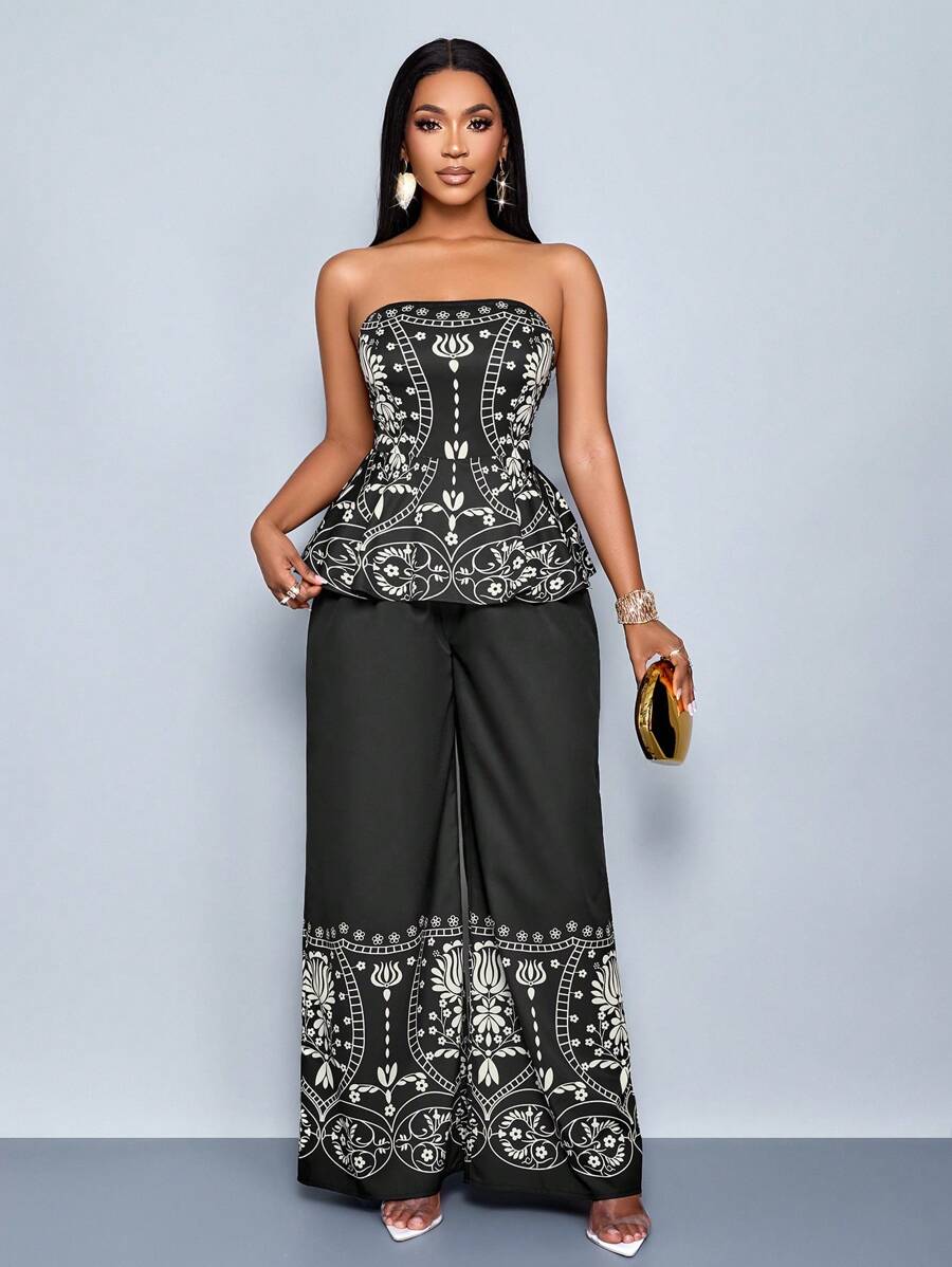 SOLERSUN Women's 2 Pieces Set Bohemian Style Apricot & Black Print Ruffle Hem Tube Top With Wide Leg Pants, Vacation Outfit - Black - View 1