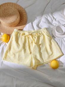 Comfortcana Plus Size Casual Solid Color Romantic Jacquard Drawstring Waist Shorts Yellow Shorts For Women Cute Summer Shorts