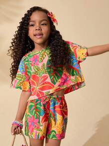 SHEIN 2pcs Young Girl Chiffon Ditsy Floral Round Neck Top And Shorts Set - Red - View 5