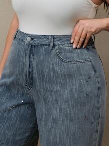 Anewsta Vaqueros casuales sueltos y con vuelos para mujer talla grande, con decoración de lentejuelas - Azul - Ver 6