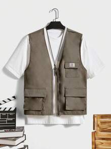 Manfinity VCAY Men Flap Pocket Vest Jacket Without Tee, School, For Fall Winter - Brown - View 1