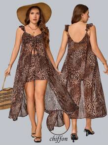 SHEIN Holidaya 2pcs Plus Size Women Holiday Style Cap Sleeve Leopard Print Chiffon Long Cami Top & Leopard Print Fitted Shorts Set
