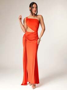 Silquee Orange Pleated Asymmetric Neckline Cutout Waist Design Dress, Suitable For Cocktail Party, Romantic Date, Women's Summer Clothing, Summer Festival, Women's Beach Clothing, Women's Elegant Clothing, Women's Summer Sleepwear, Graduation Dress, Graduation Dress, Women's Elegant Clothing, Ibiza Clothing, Carnival Clothing Festival/Carnival, Summer Festival Beach Vacation - Burnt Orange - View 7