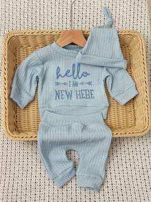 SHEIN HELLO Letter Embroidered 3pcs/Set Newborn Baby Boy/Girl Photography Outfit, Includes Top, Pants And Hat, Infant 1 Month To 100 Days Photo Studio Clothing