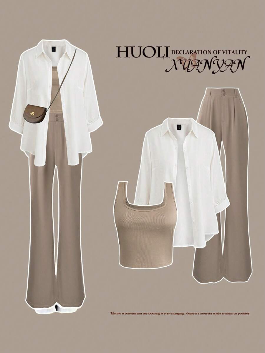 SHEIN MOOSTA Plus Size Casual 3 Pieces Set: Shirt + Fitted Tank Top + Versatile Casual Pants