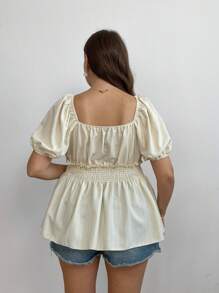 Sunnyshic Plus Size V-Neck Shell Tape Patchwork Cinched Waist Puff Sleeve Blouse