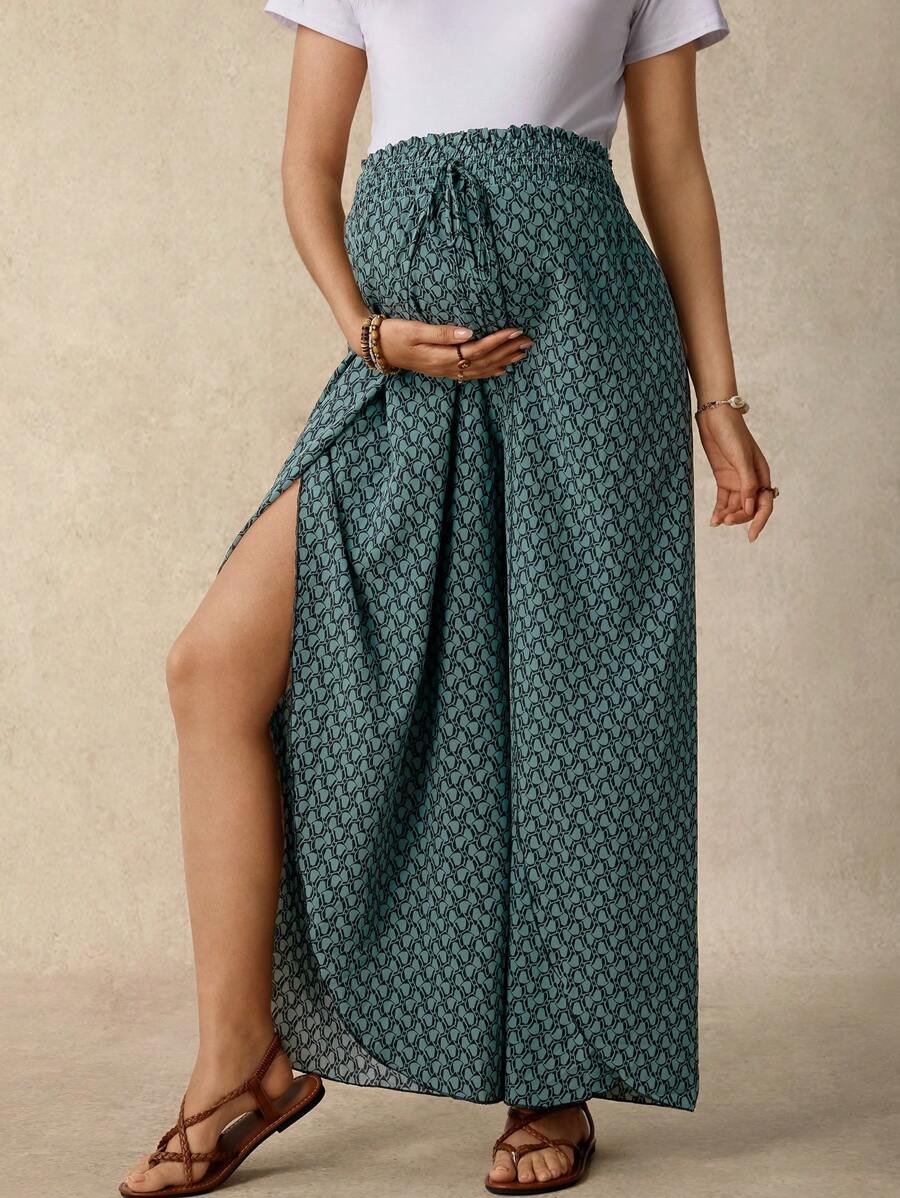 Boho Mama 孕妇休闲度假全身印花开衩宽松裤 - 墨綠色 - 查看 1