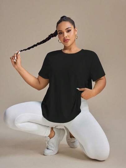 SHEIN Rhythm Era 大码女式纯色圆领短袖休闲健身运动T恤健身房衬衫