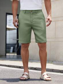 Manfinity BRENVOR Men's Woven Solid Color Mid-Waist Straight Leg Shorts, Casual Shorts For Daily Wear, Suitable For Spring & Summer - Mint Green - View 3
