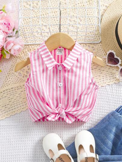 SHEIN Young Girl Woven Striped Cropped Casual Shirt