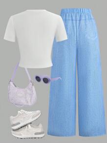 SHEIN 2pcs/Set Teenage Girls Casual Heart Graphic T-Shirt + Heart Print Wide Leg Pants, Elegant Leisure Outfit For Spring, Summer, Autumn, Holiday, School Young Girls Sets Outfit Set Teen