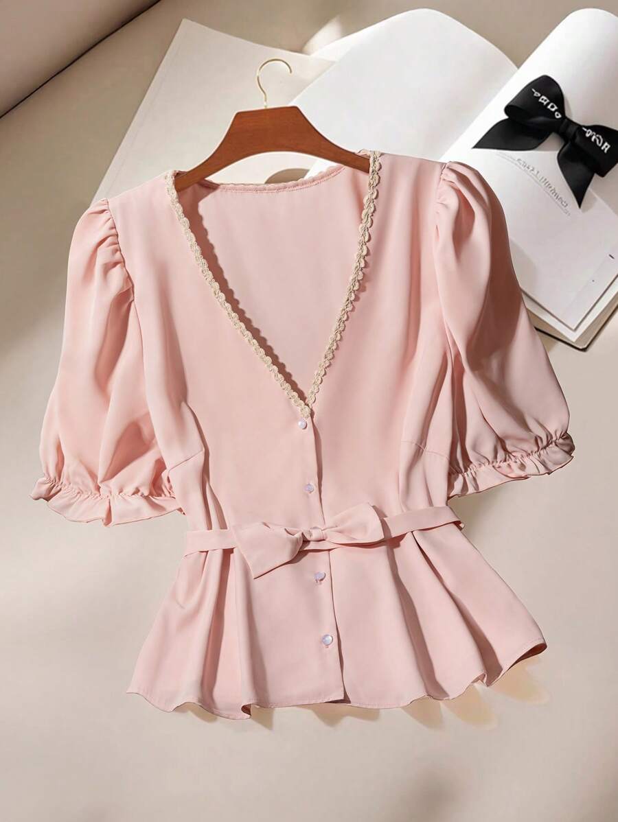 SHEIN Clasi Plus Size Solid Color Belted Ruffle Hem Short Sleeve Shirt - Pink - View 1