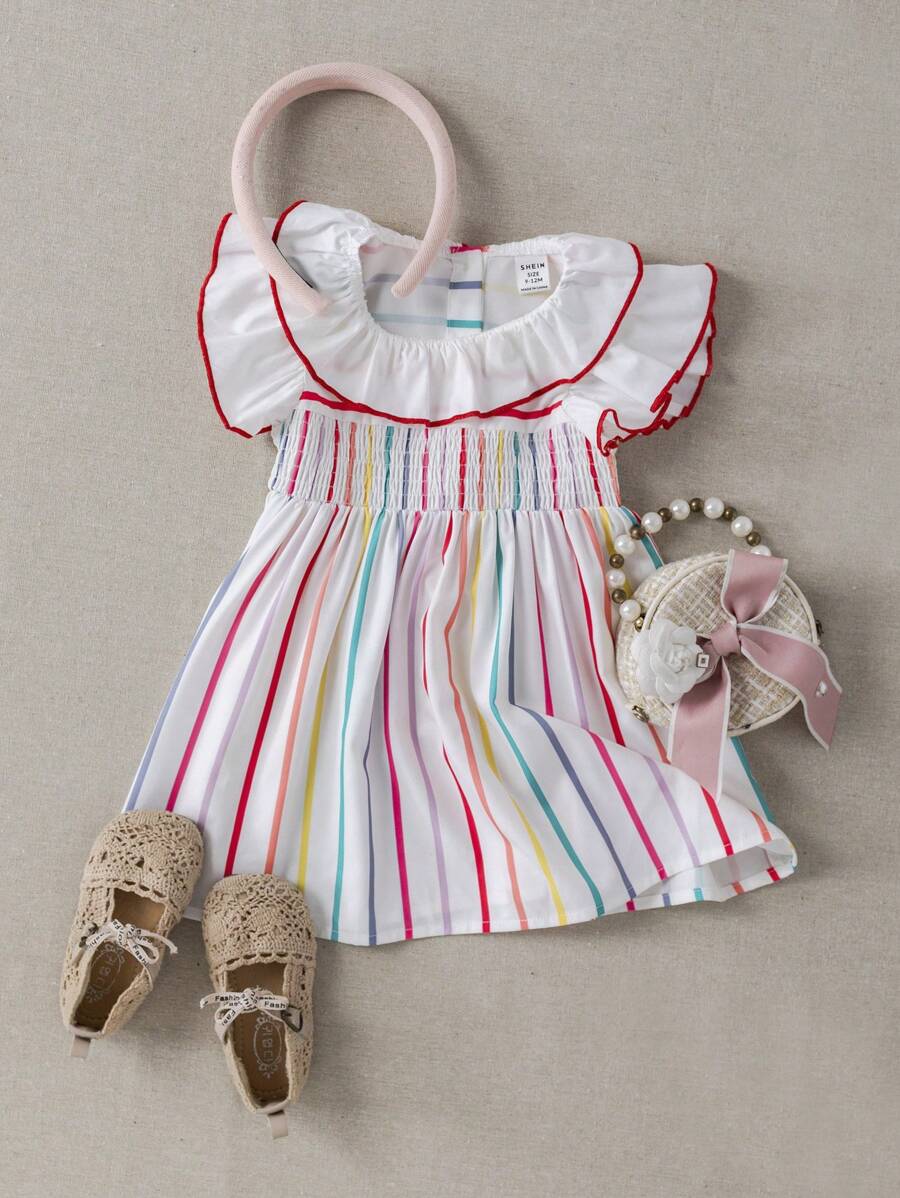 PrepCrw Toddler Girls College Style Ruffled Collar Colorful Striped Dress,Cute Blue White Striped Summer Vacation School Uniform Outfits For Teens - Multicolor - View 1