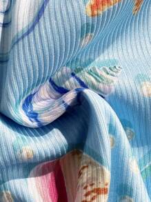 Swim Mod 2pcs/Set Summer Holiday Random Print Ribbed Textured Fabric Shell Accessory Triangle Bikini Top And High-Cut Swim Bottoms Sexy Swimsuit Set - Multicolor - View 5