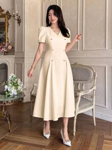 DAZY Vestido de mujer a media pierna de unicolor con cuello en V, mangas abullonadas y plisado - Beis - Ver 6