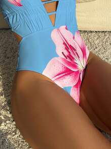 Swim Vcay 春假泳装 Vcay 女士交叉后背深 V 领性感印花连体泳衣，适合夏季度假 - 藍色 - 查看 3