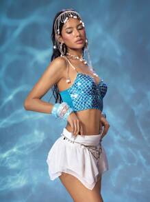 ROMWE Fairycore Collar con colgante de perla con estilo de sirena y sujetador con aros de lencería