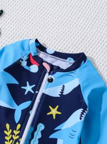 Infant Zipper Swimsuit, Shark & Ocean Creature Print. Essential Fashion Item For Summer Beach Vacation. Long Sleeve Design, Blue Color Contrast, Cute Shark & Ocean Creature Cartoon Pattern. Lively Design. Suitable For Adorable Baby Boys To Wear During Beach Play And Vacation Swim Suits For Kids Toddler Swim Suits For Kids Baby Swim Wear Baby Boys Clothing Swim Swimming Suits For Baby S