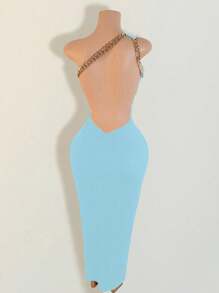 BamGleam Women's Sexy Asymmetrical Neck Chain Decor Backless Long Dress - Baby Blue - View 3