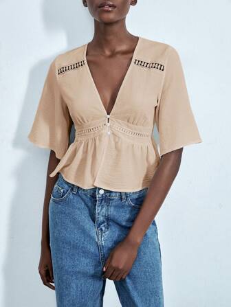 Lumivelle Damen elegante Spitze Patchwork Bluse für Feiertage, A-Linien Top mit rüschenärmel in Weiß für den täglichen Weg zur Arbeit