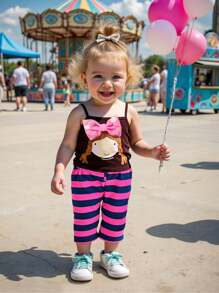 Baby Girl Cute Cartoon Print Camisole Top And Striped Pants 2pcs Set - Multicolor - View 8