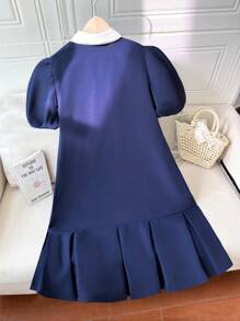 女童撞色圆领宽松休闲A字短袖连衣裙 - 藏蓝色 - 查看 3