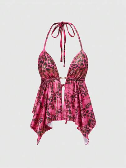 J-Fashion Women's Sexy Backless Gold Metal Buckle Leopard Print Halter Top