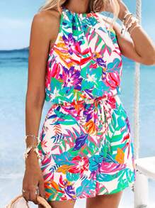 SHEIN VCAY Plus Size Women Tropical Plant Print Pocketed Halter Jumpsuit, Vacation Wear - Multicolor - View 1