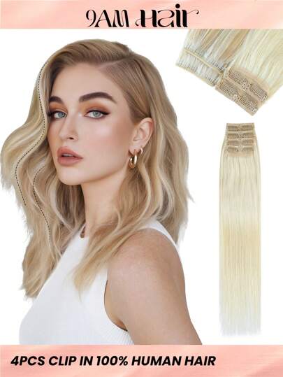 4 件装 8 个夹子直发接发 100% 真人发色 613# 浅金色 + P27/613# 金色挑染浅金色 12-18 英寸双纬隐形夹发接发雷米天然真人发适合女性女孩日常全头使用