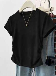 SHEIN Maglietta casual aderente a vita corta da donna con dettagli laterali raccolti