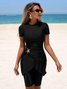 Swim Shayni Nouvelle robe d'été pour femmes avec col rond, manches courtes et ourlet à volants, décor d'étoile de mer + short court noir mi-genoux. Ensemble casual de vacances bikini