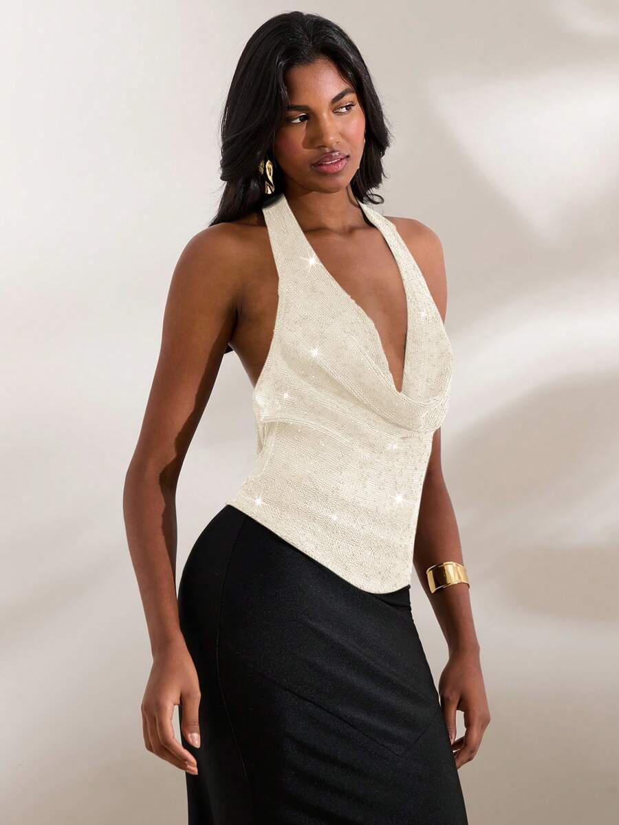 Opulessa Parte superior sin espalda de punto de unicolor con cuello drapeado y ajuste ceñido, casual, para conciertos, fiestas, clubes, otoño, elegante y sexy para salir de noche, con lentejuelas - Albaricoque - Ver 1