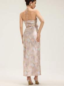 Revavyn Printed Hollow Out Waist Halter Neck Women Dress Boho Vacation Fashionable Style For Summer Spring Fall Autumn - Apricot - View 3