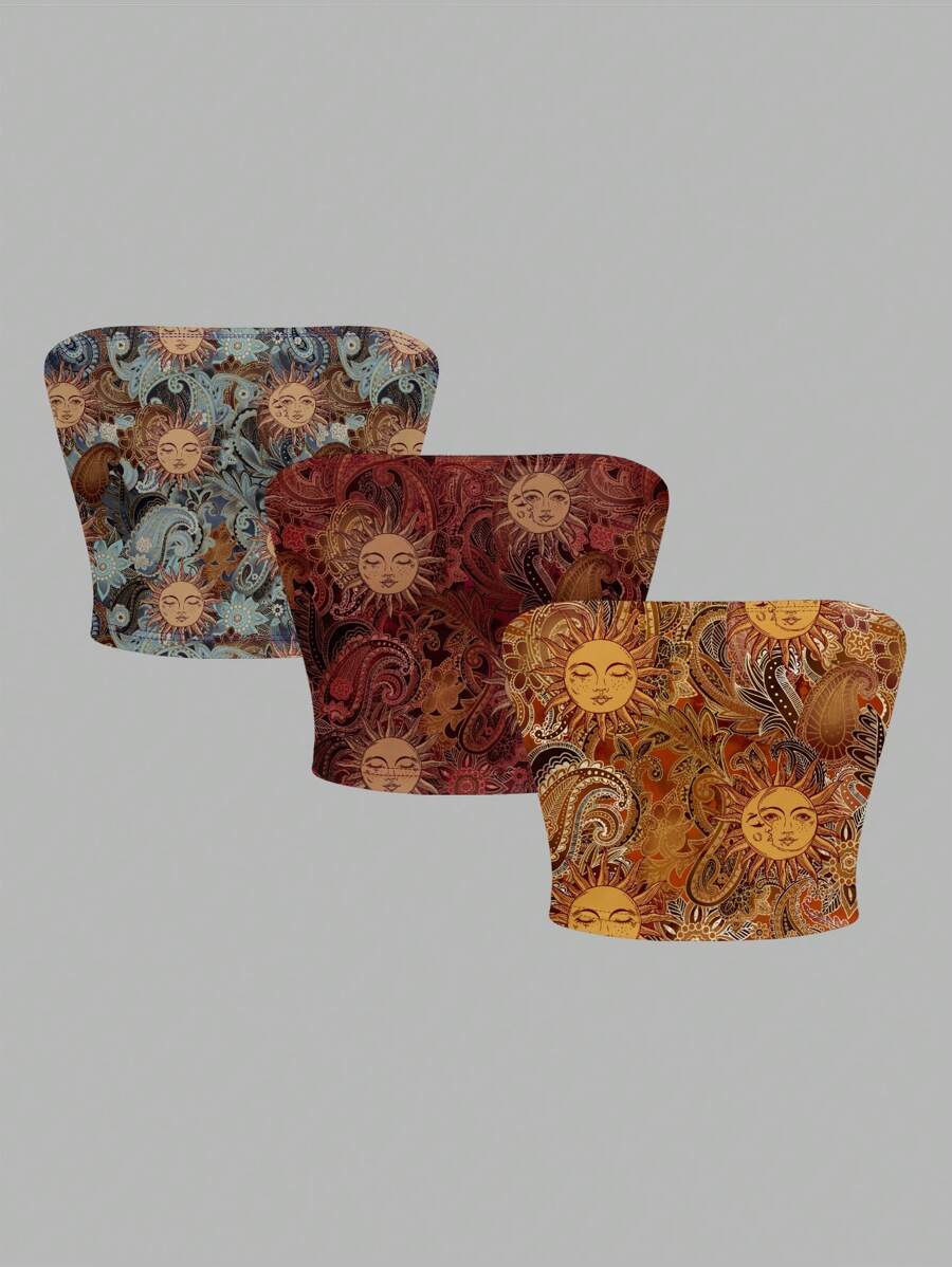 SHEIN EZwear Damski top z nadrukiem boga słońca, odpowiedni na lato i wakacje na plaży - Wielokolorowe - Zobacz 1