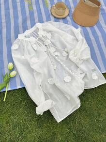 DAZY 女士度假风格花卉印花长袖衬衫，秋季女装 - 白色 - 查看 6