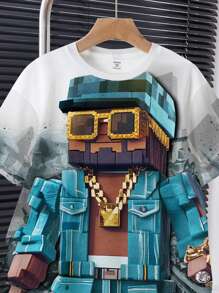 SHEIN 2pcs Teen Boy Casual Stylish Cartoon Pixel Soldier War Pattern Print Short Sleeve Round Neck T-Shirt And Shorts Set, Suitable For Summer